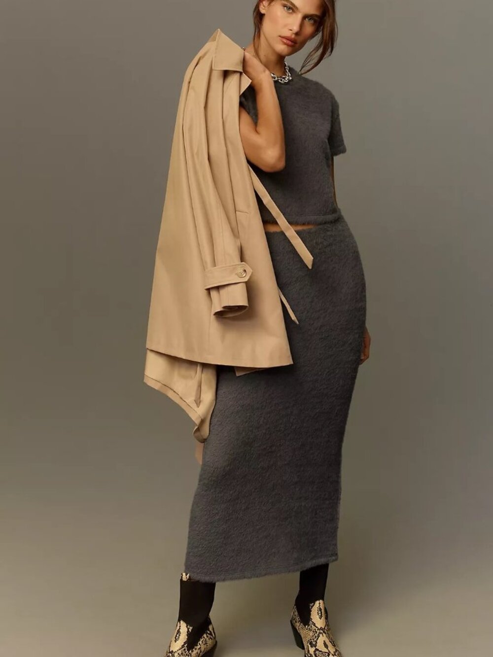 NWT Anthropologie Maeve Grey Knit Fuzzy  Column  Maxi Skirt